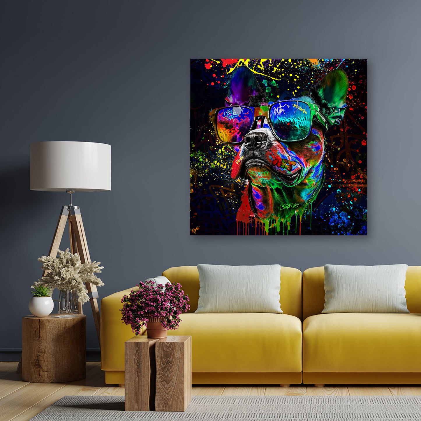 Quadro moderno Street Art Cane con occhiali da sole Pop Art