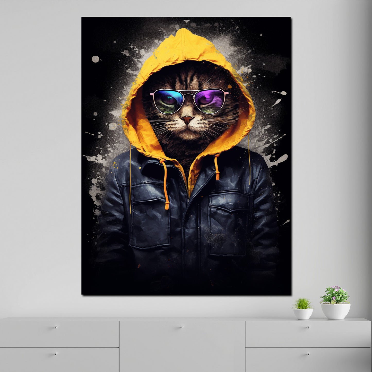 Quadro moderno Street Art Gatto con felpa e occhiali da sole