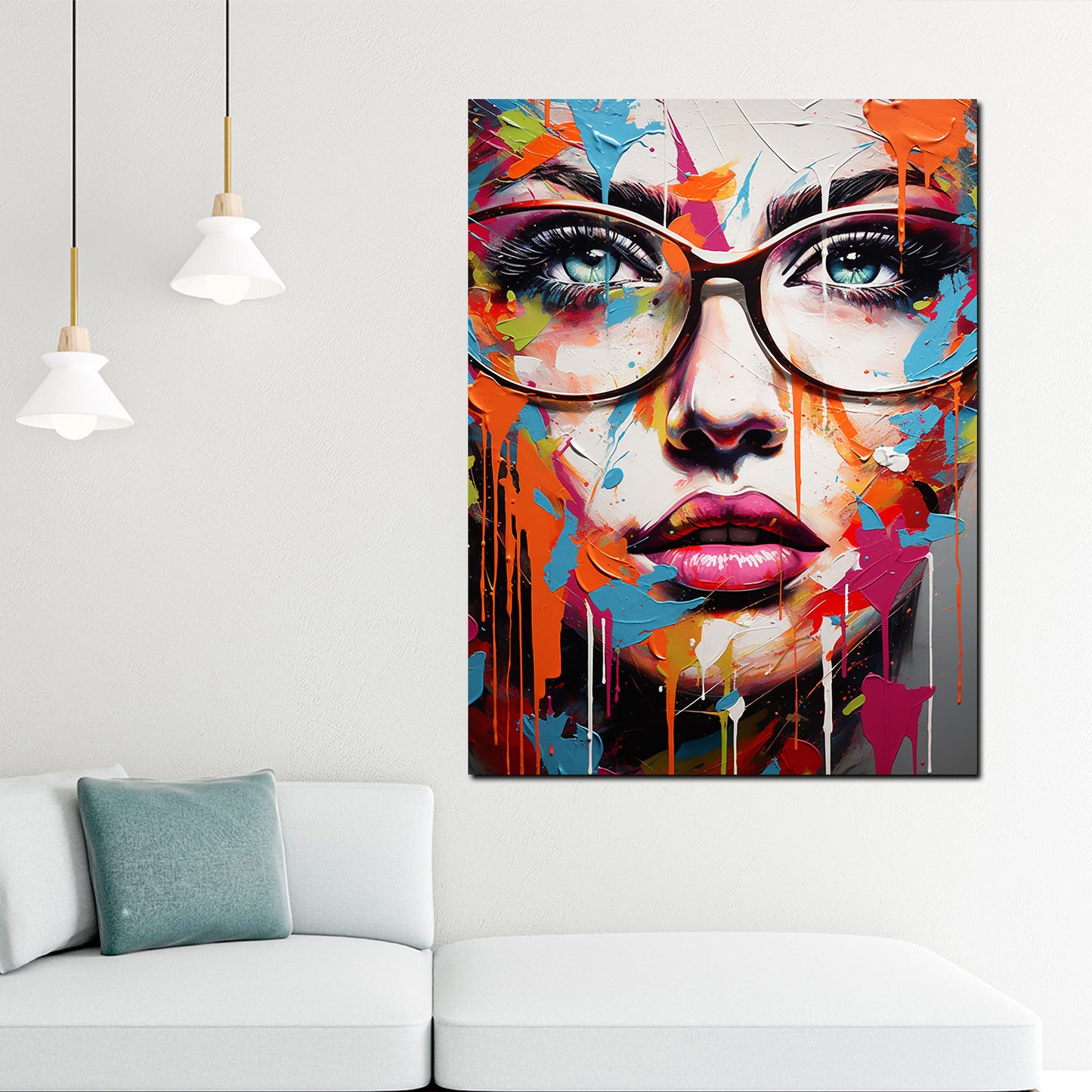 Quadro moderno Volto femminile con occhiali Stile colore