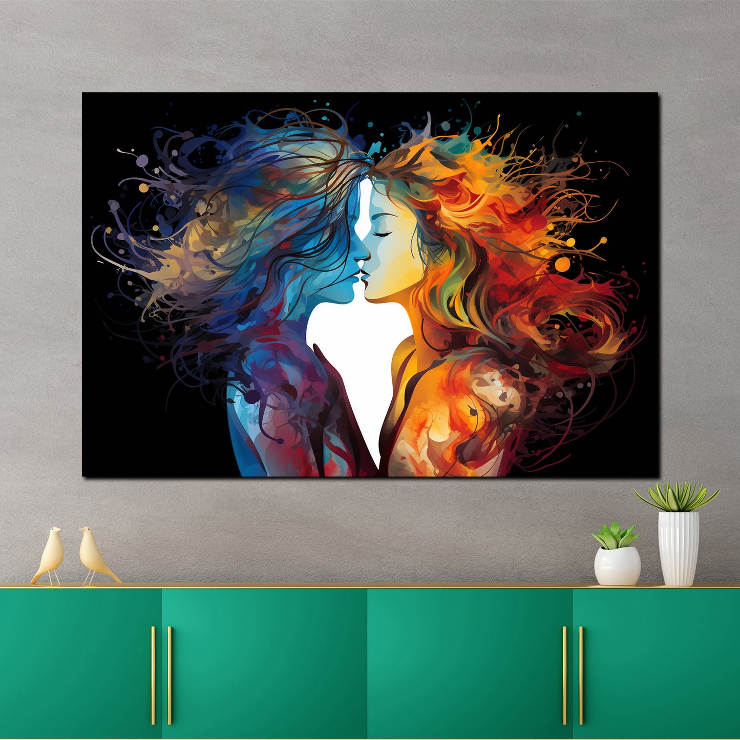 Quadro moderno astratto two Girls Kiss Dark