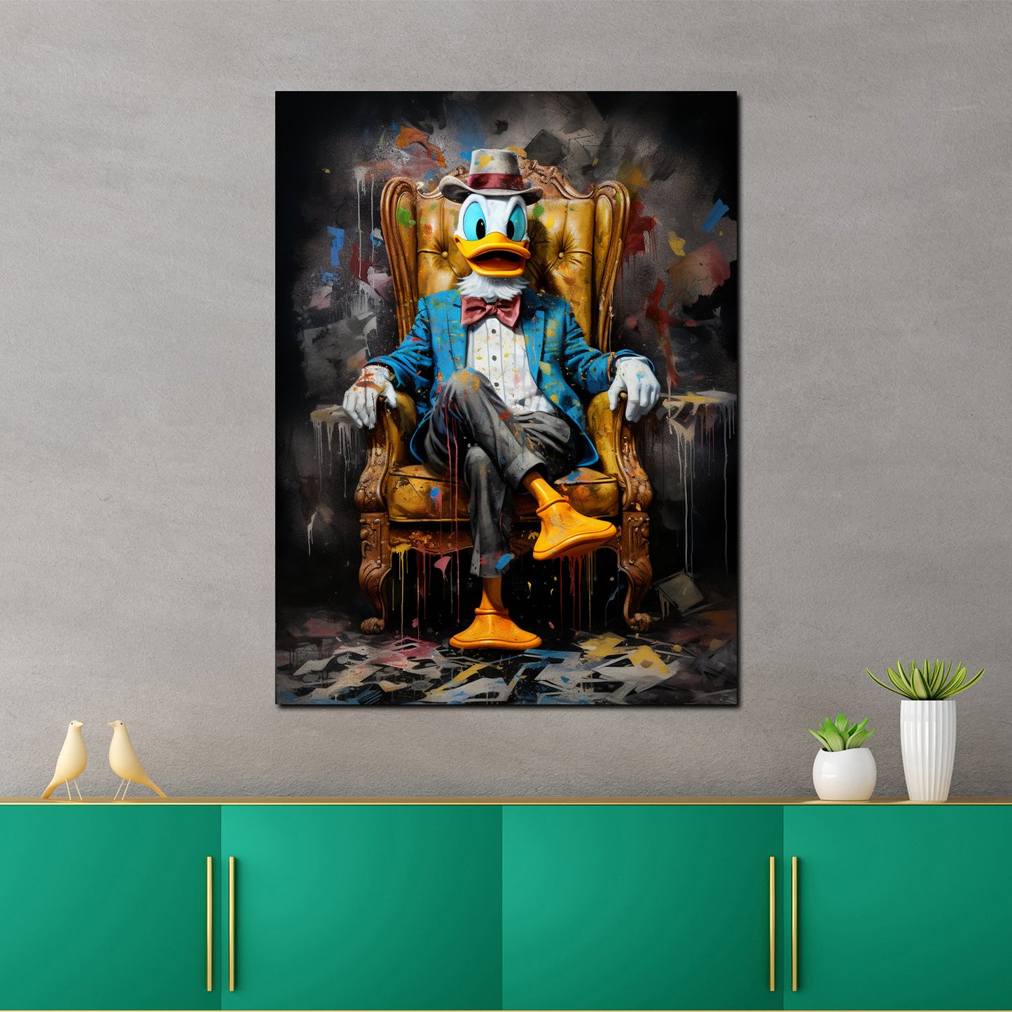 Quadro moderno comic duck pop art seduto in poltrona dark
