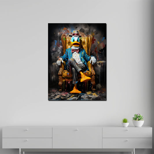 Quadro moderno comic duck pop art seduto in poltrona dark