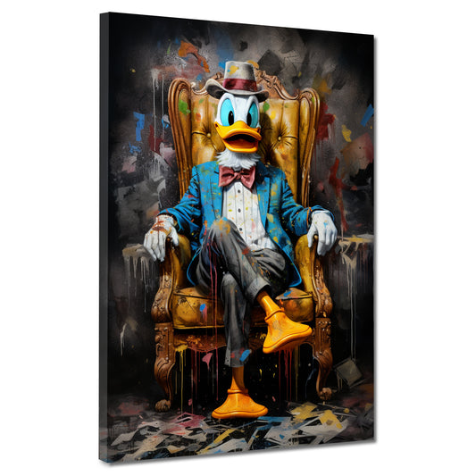 Quadro moderno comic duck pop art seduto in poltrona dark