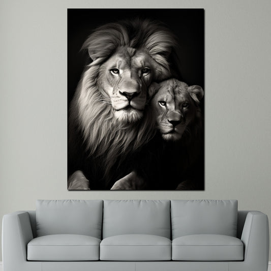 Quadro moderno coppia di leoni bianco nero