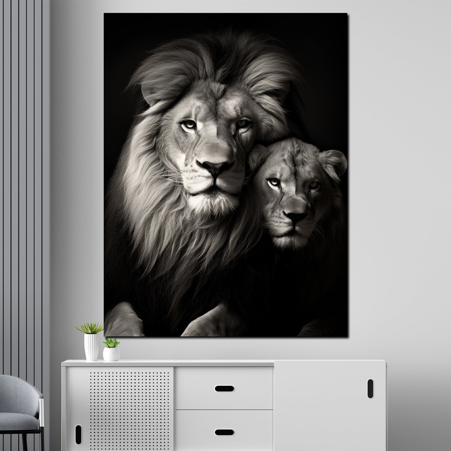Quadro moderno coppia di leoni bianco nero