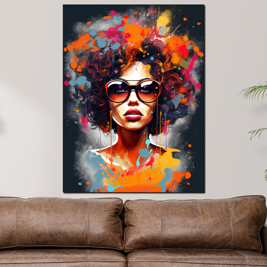 Quadro moderno donna africana con riccioli e occhiali da sole stile colore
