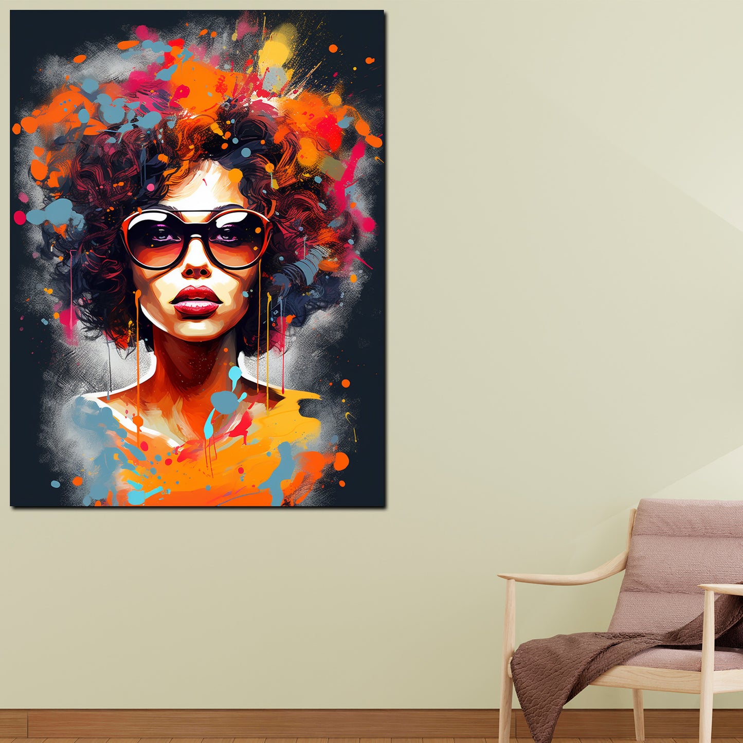 Quadro moderno donna africana con riccioli e occhiali da sole stile colore