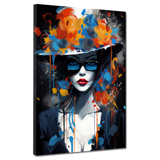 Quadro moderno donna misteriosa con occhiali e cappello a fiori