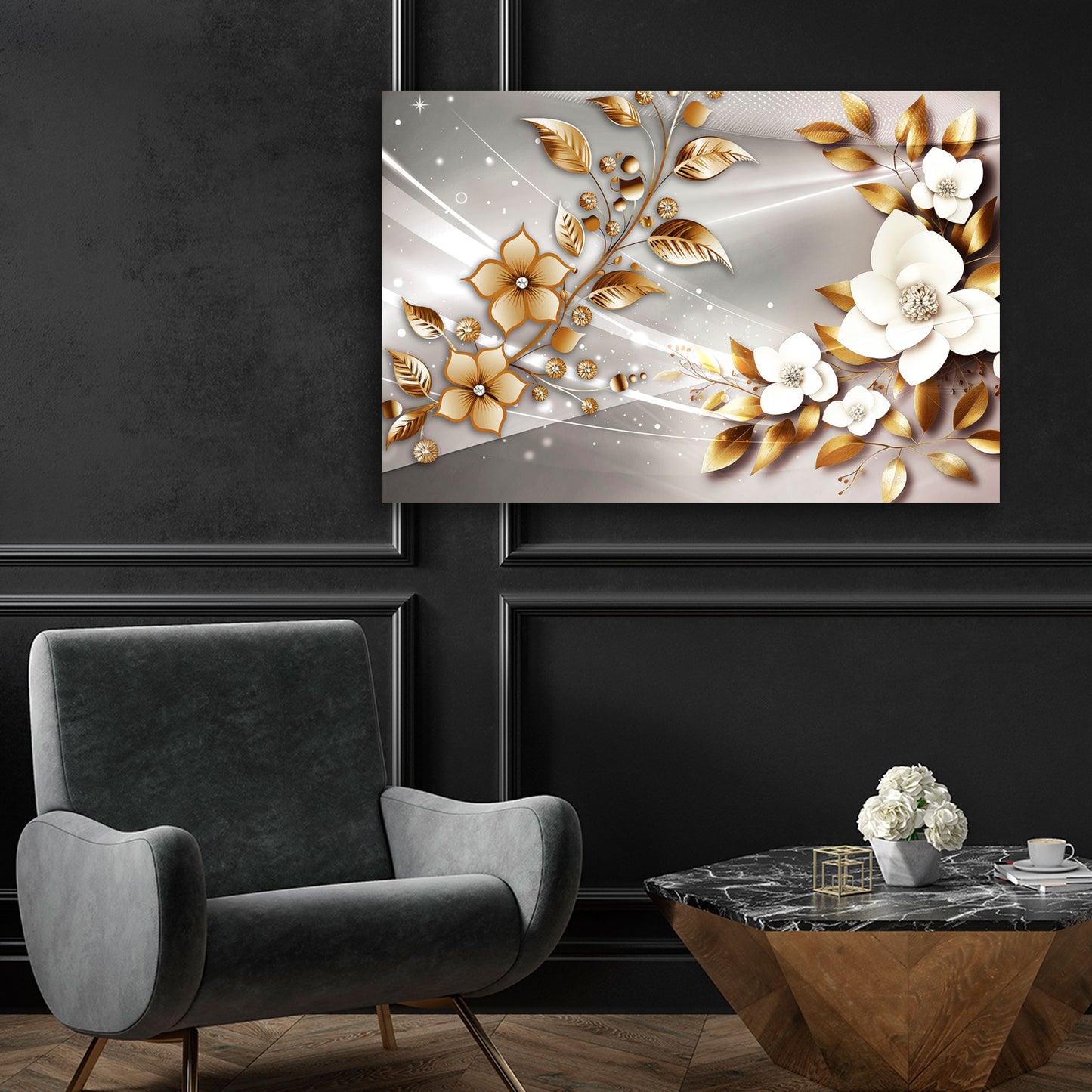 Quadro moderno fiori gold style
