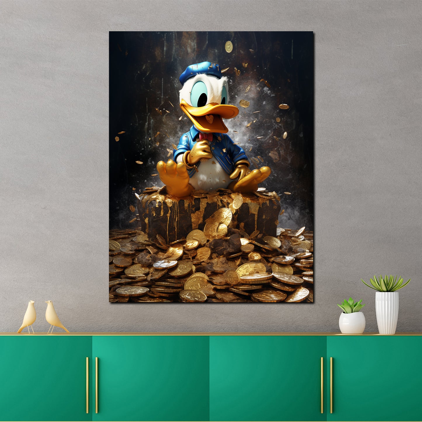 Quadro moderno little duck con monete d'oro papera