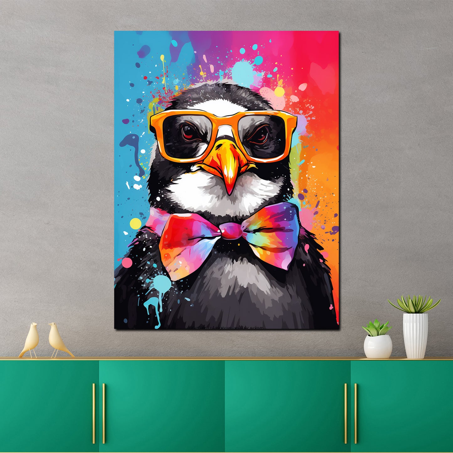 Quadro moderno pinguino cool con occhiali da sole e papillon Pop Art