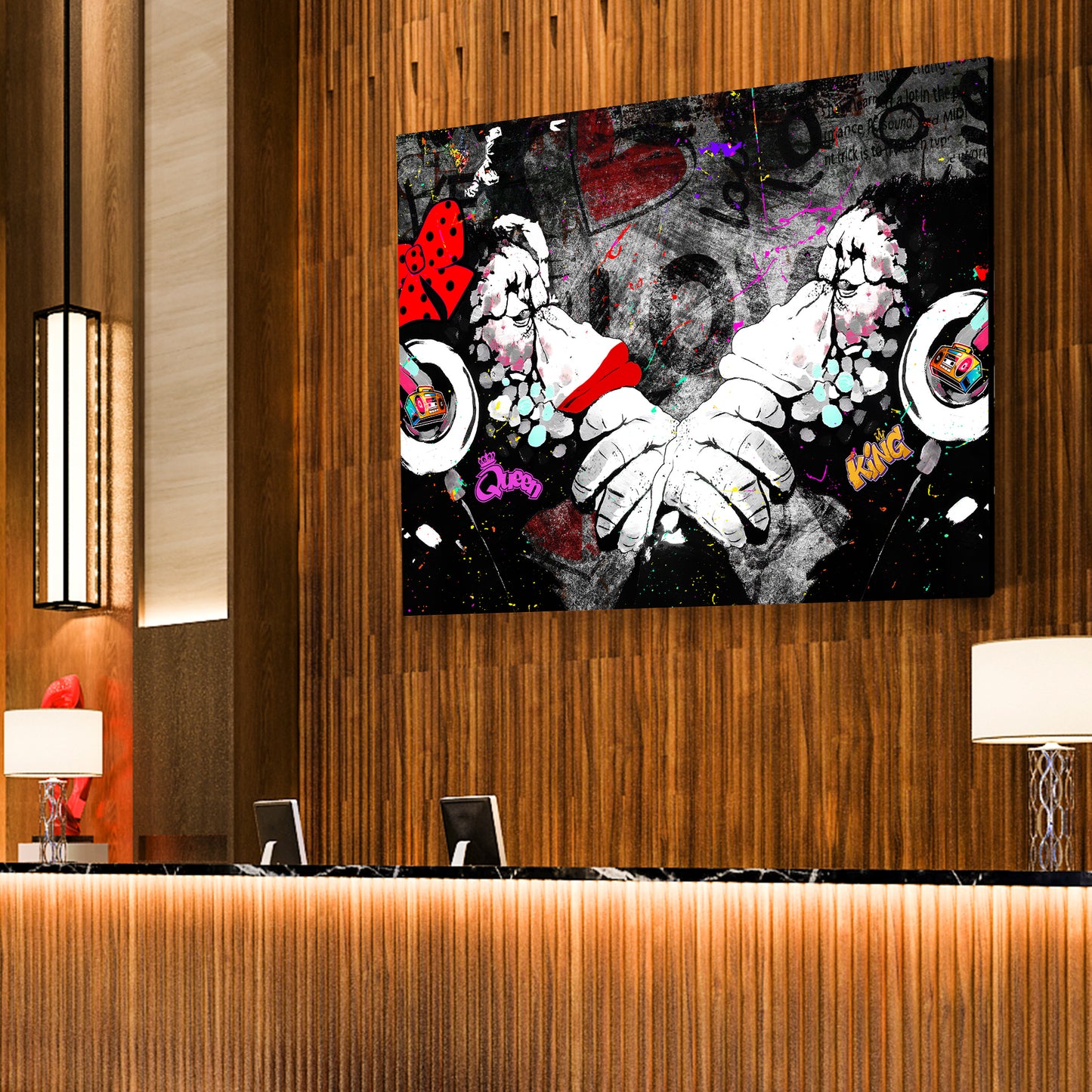 Quadro moderno street art scimmia coppia donna pop art