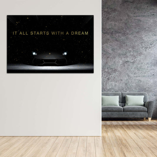 Quadro motivazionale auto di lusso tutto inizia con un sogno