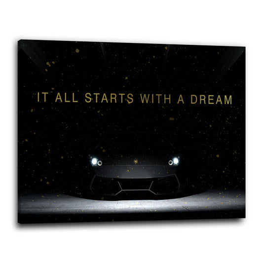 Quadro motivazionale auto di lusso tutto inizia con un sogno