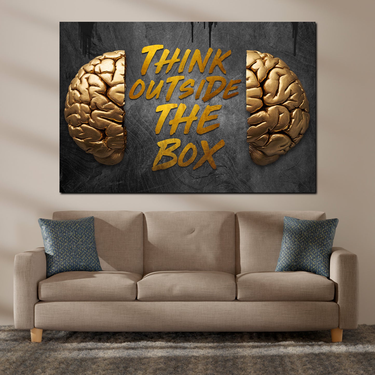 Quadro motivazione cervello dorato think outside the box successo