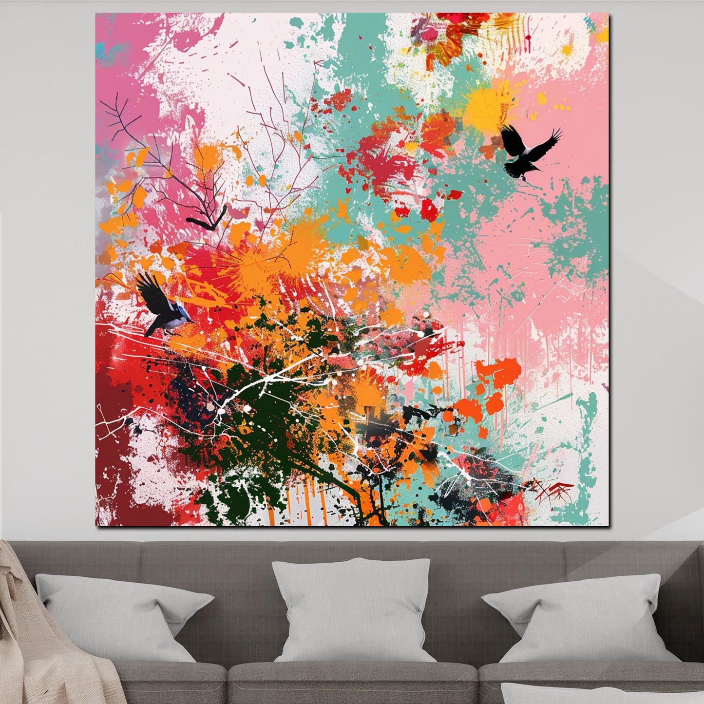 Quadro natura astratta colorata con uccelli