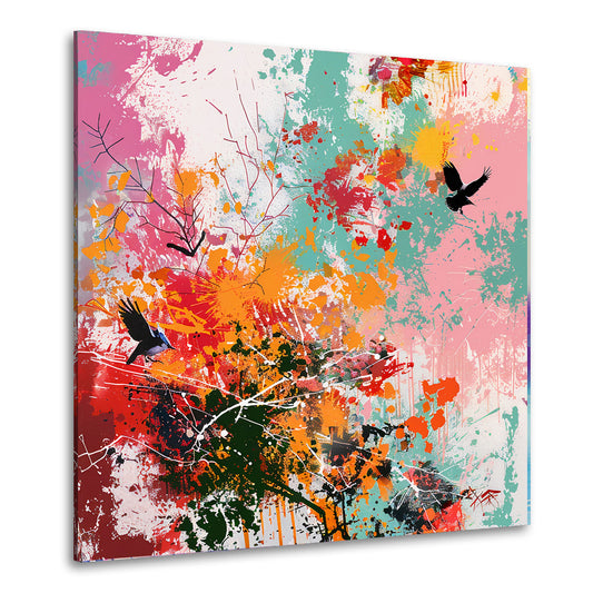 Quadro natura astratta colorata con uccelli