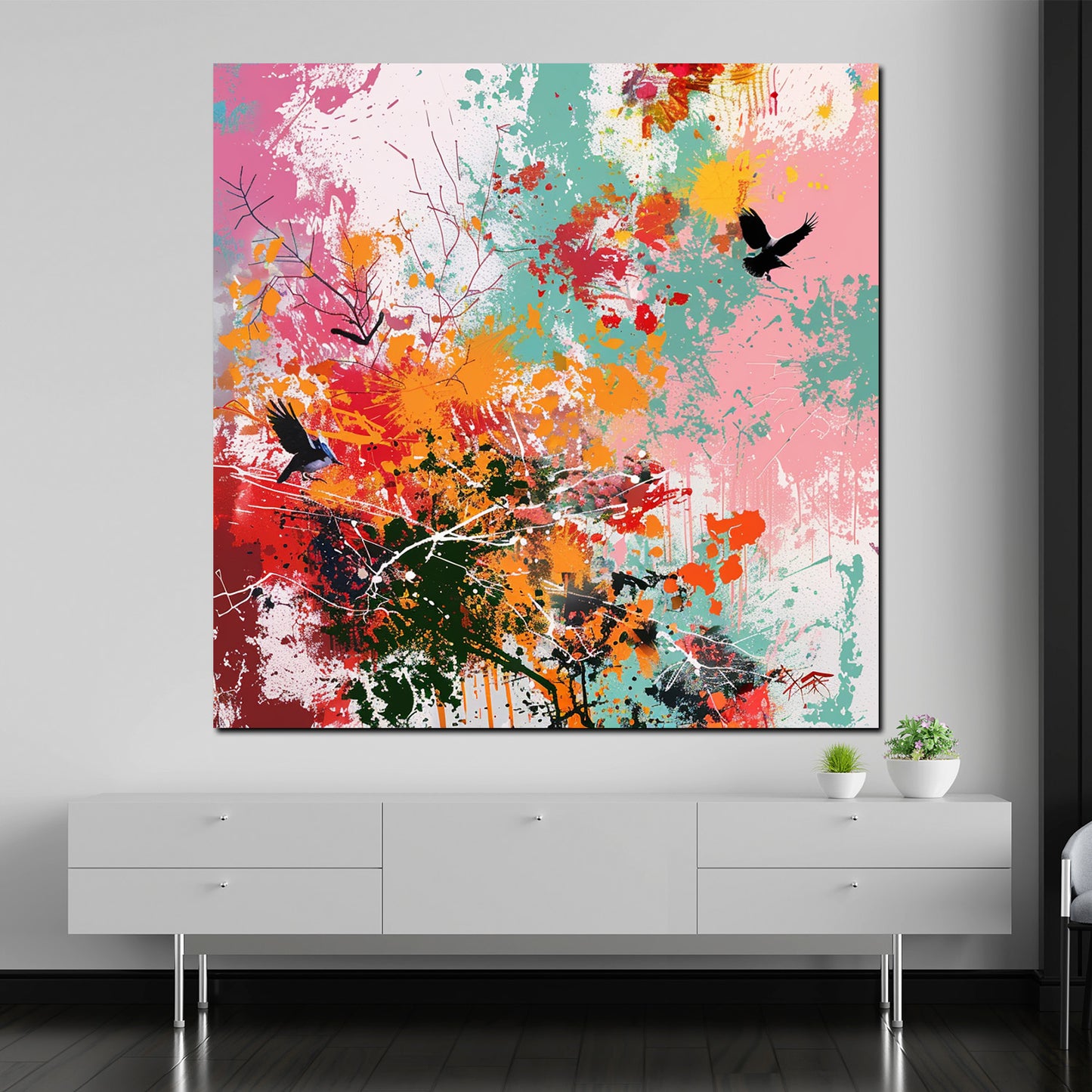 Quadro natura astratta colorata con uccelli