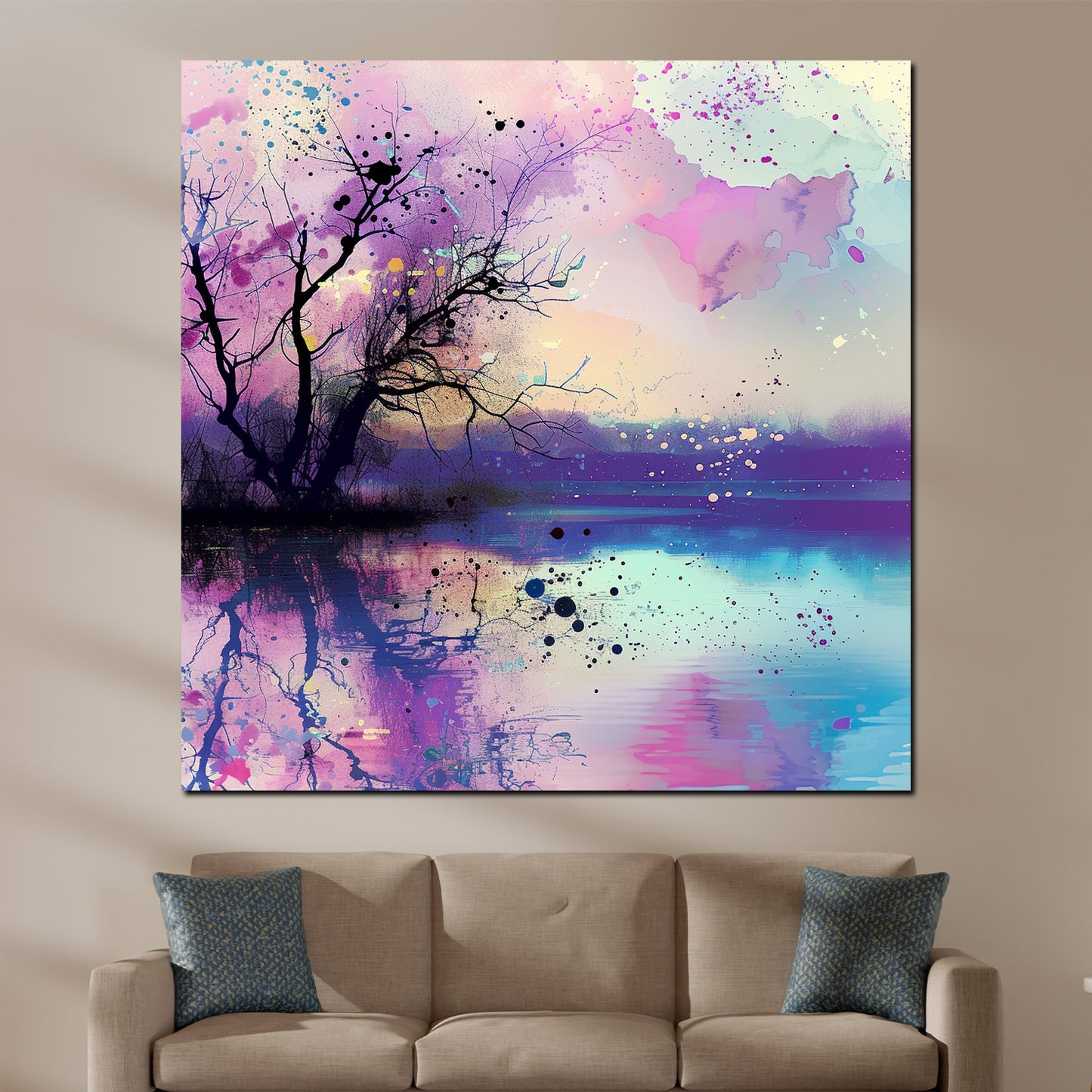 Quadro paesaggio magico con albero e riflessi sull'acqua