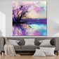 Quadro paesaggio magico con albero e riflessi sull'acqua