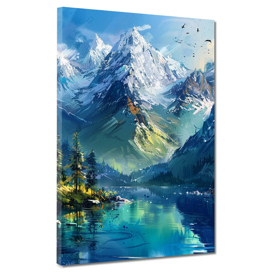 Quadro paesaggio montano con lago arte moderna colorata