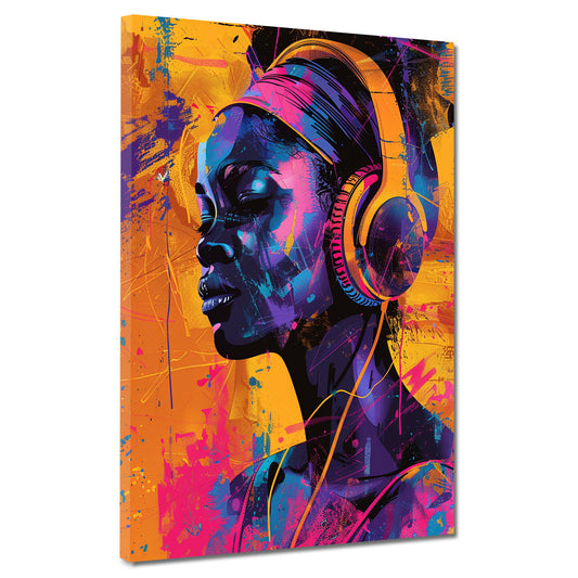 Quadro pop art donna africana moderna con cuffie e colori vivaci