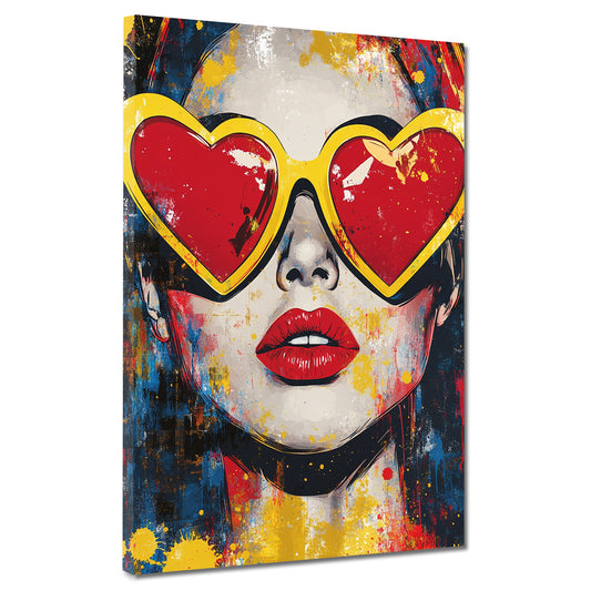 Quadro pop art donna occhiali cuore colorato moderno