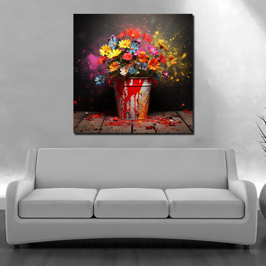 Quadro pop art fiori colorati secchio esplosione di colore moderno