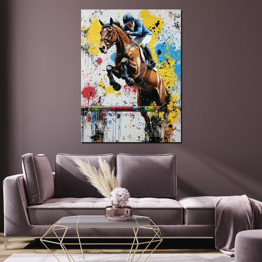 Quadro pop art salto ostacoli cavallo cavaliere colorato dinamico