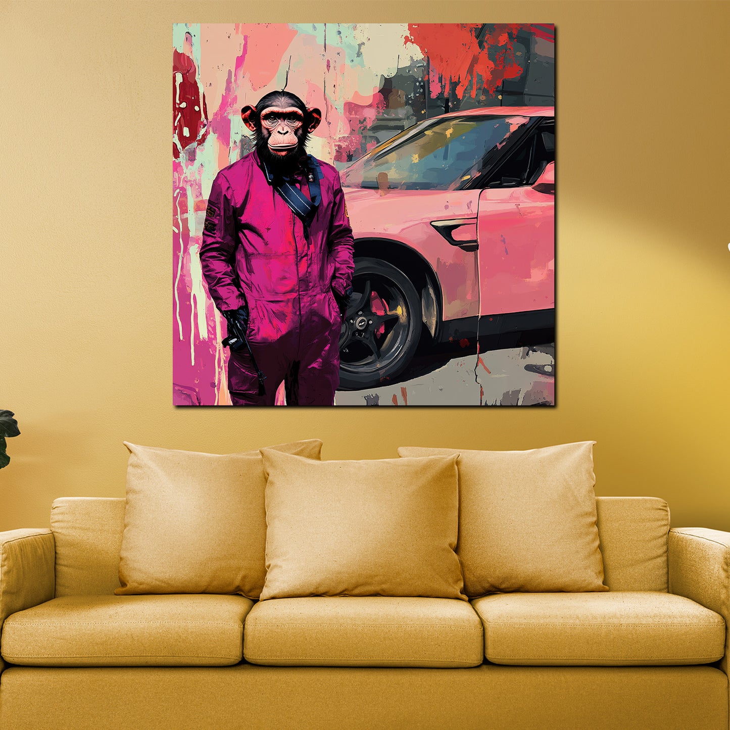 Quadro pop art scimmia tuta auto colorato