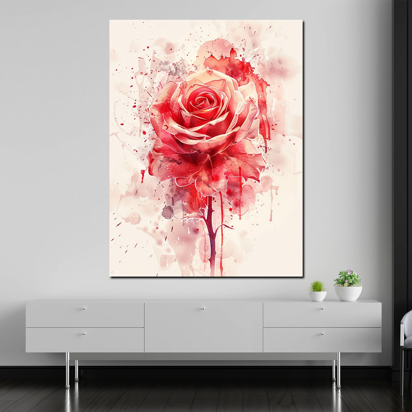 Quadro rosa rossa astratta arte ad acquerello