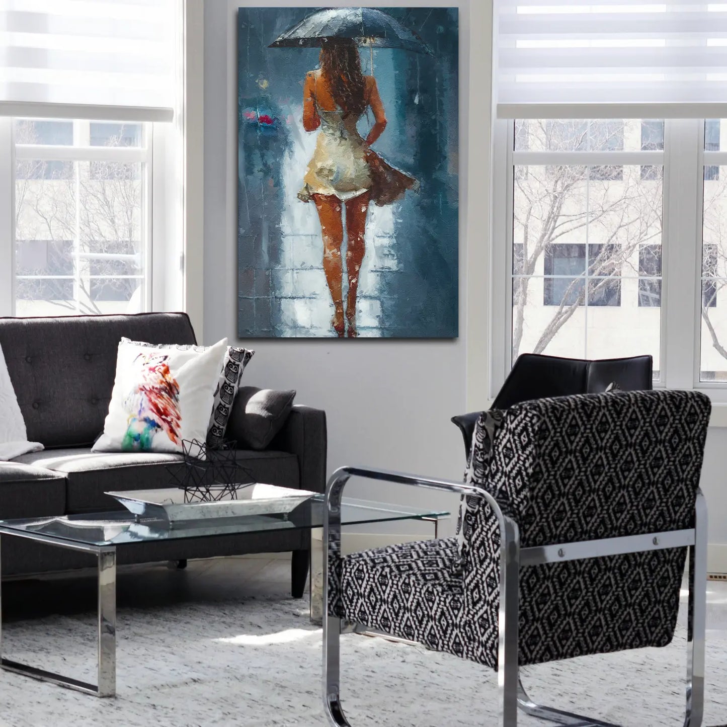 Quadro stampa su tela astratto donna con vestito bianco