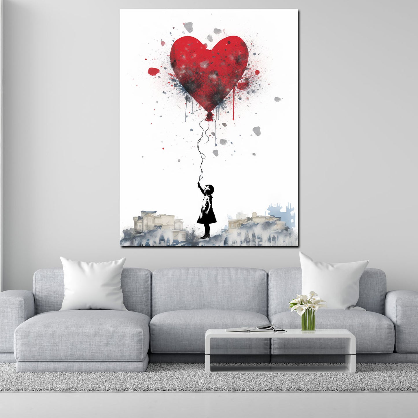 Quadro street art astratto bambina con palloncino a cuore