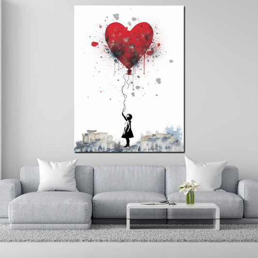 Quadro street art astratto bambina con palloncino a cuore
