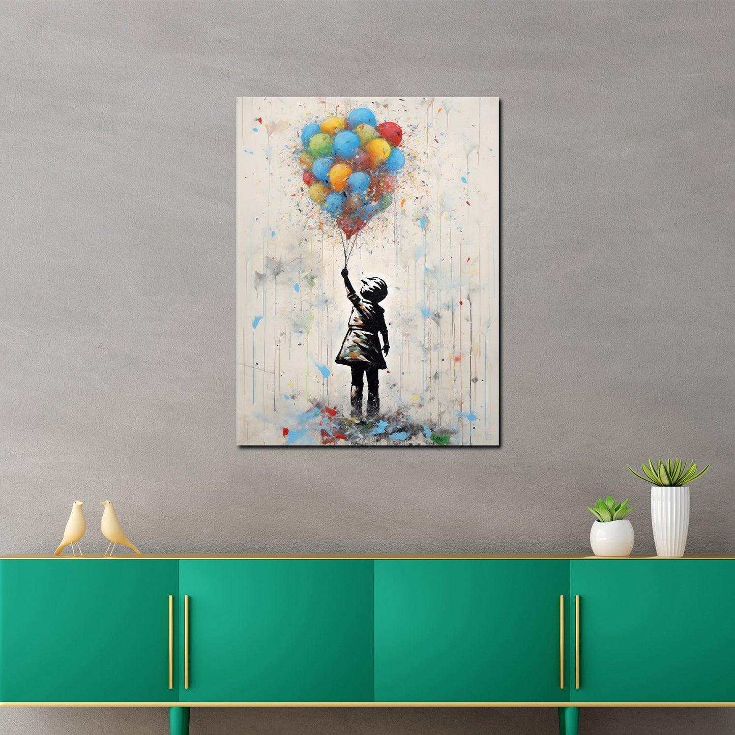 Quadro street art ragazza con palloncini colorati stile astratto