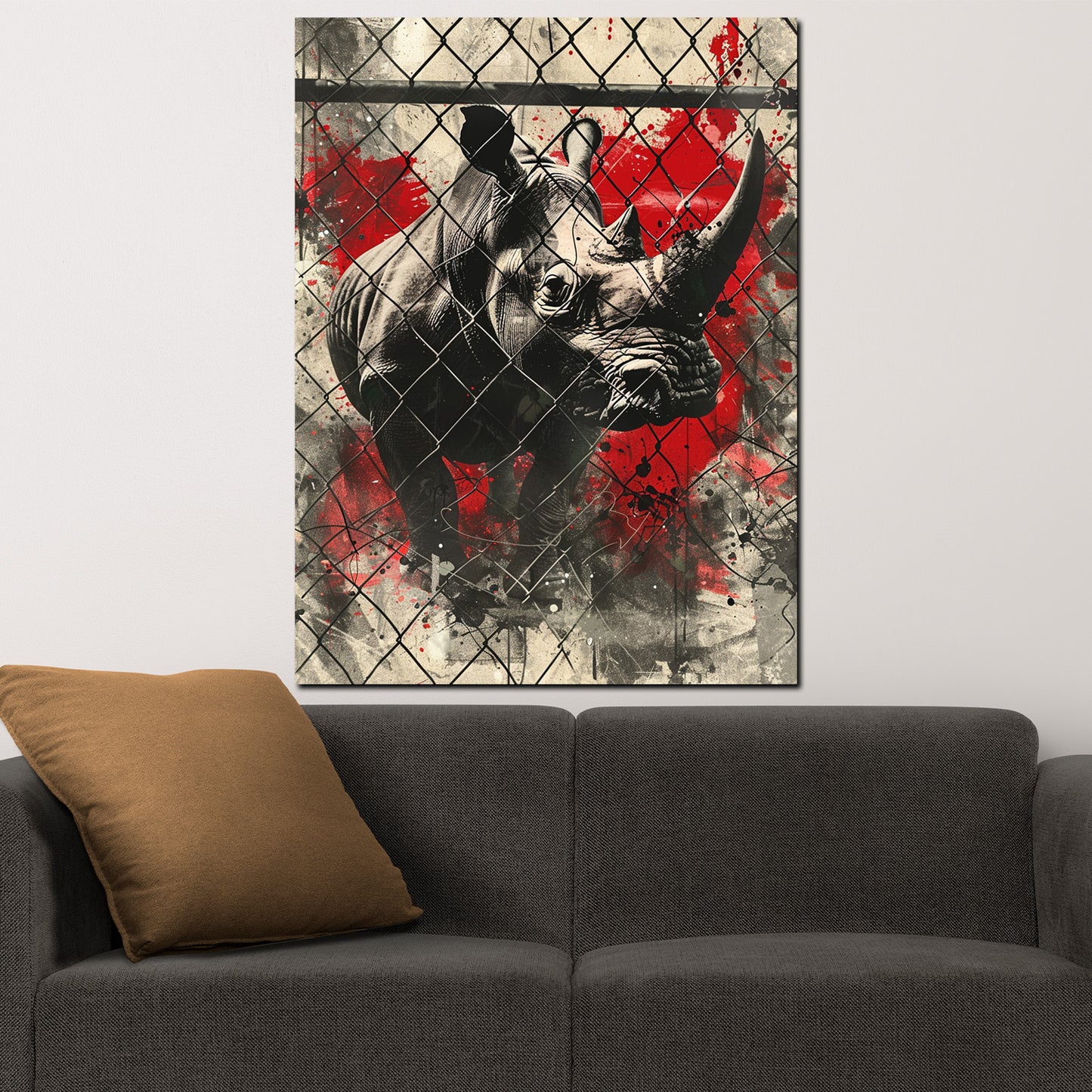 Quadro street art rinoceronte dietro la rete schizzi di colore moderno