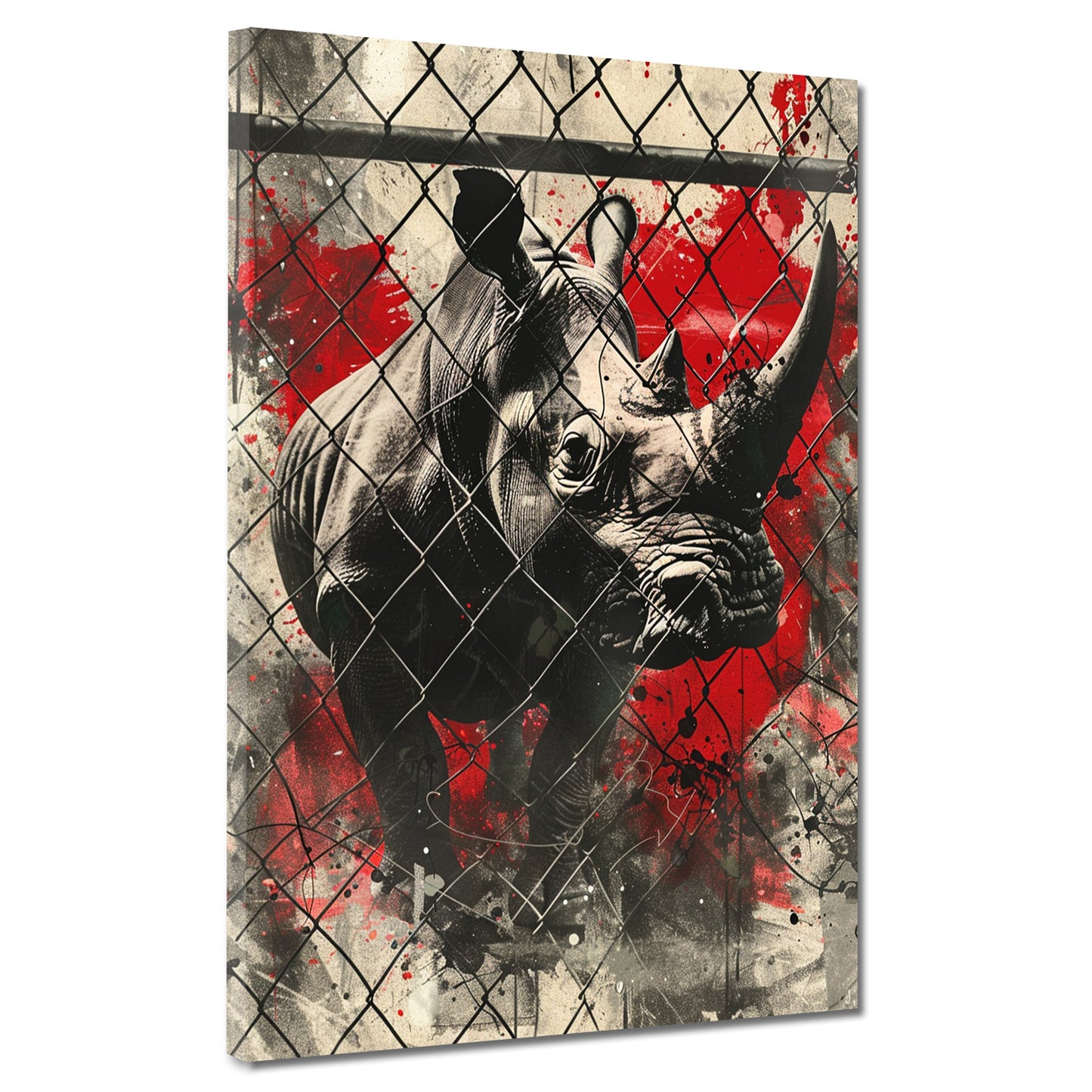 Quadro street art rinoceronte dietro la rete schizzi di colore moderno