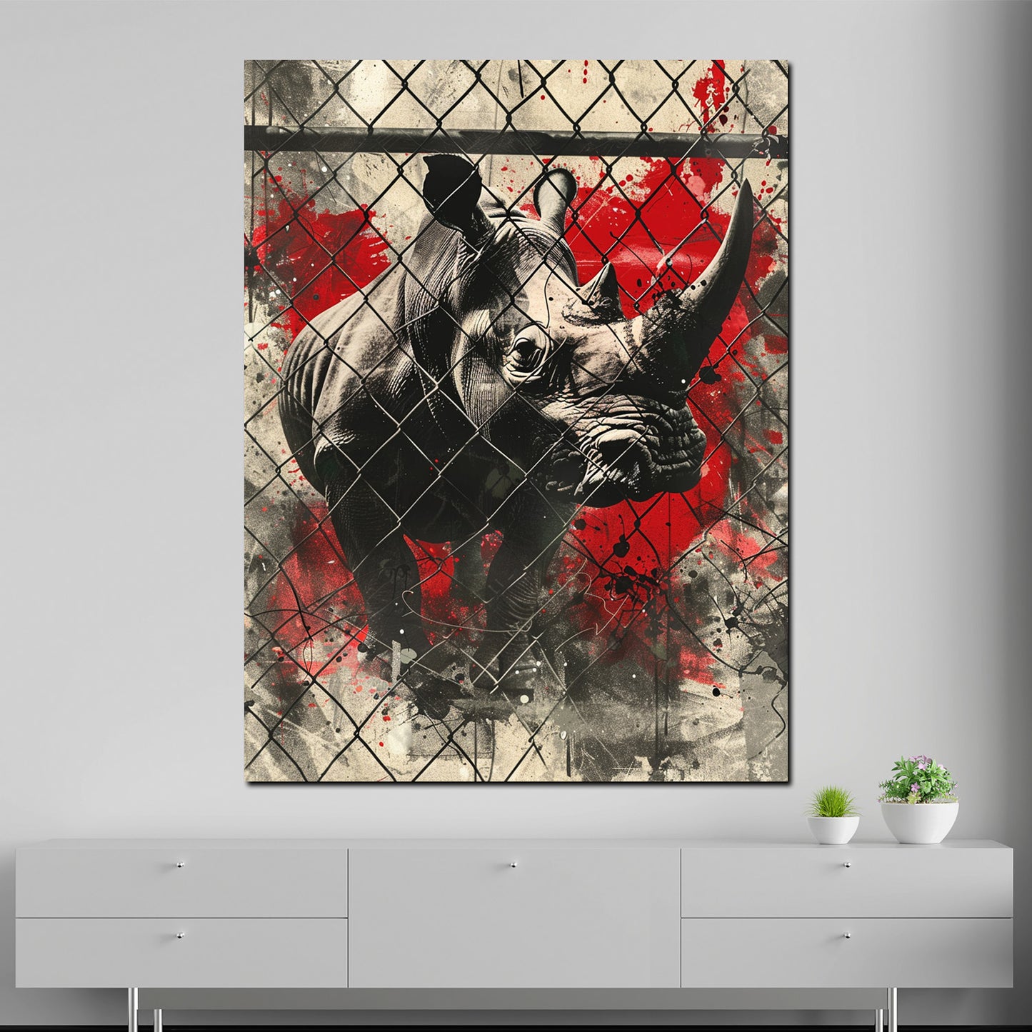 Quadro street art rinoceronte dietro la rete schizzi di colore moderno