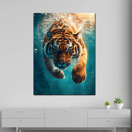 Quadro tigre che si tuffa nell'acqua forza animale selvaggio dinamico