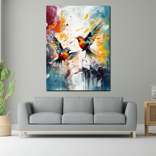 Quadro uccelli colorati in volo pop art