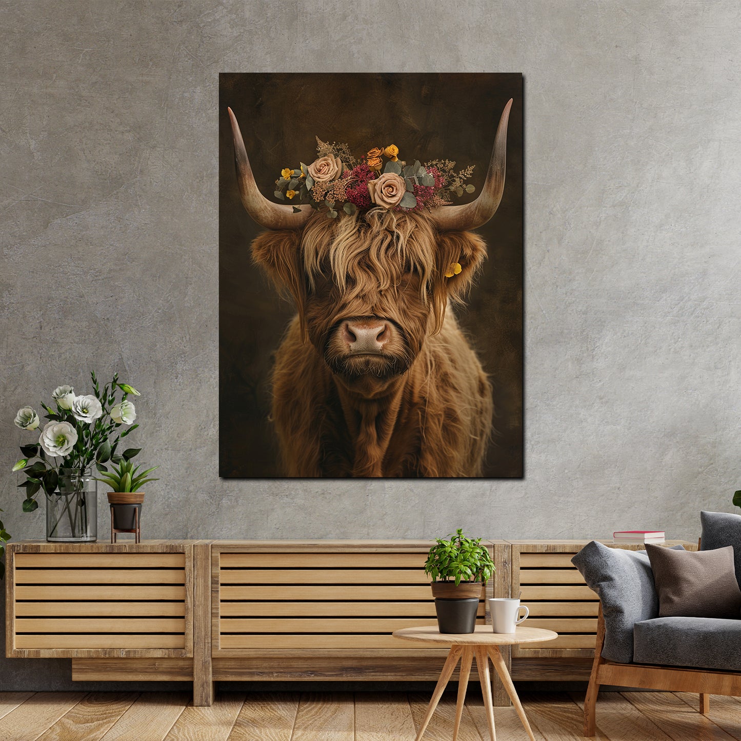 Quadro Vacca fiero con corona di fiori stile boho natura vintage moderno