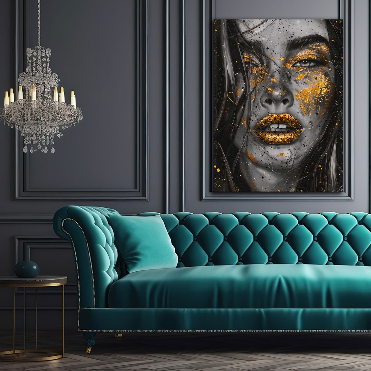 Quadro viso glamour nero e oro stile moderno
