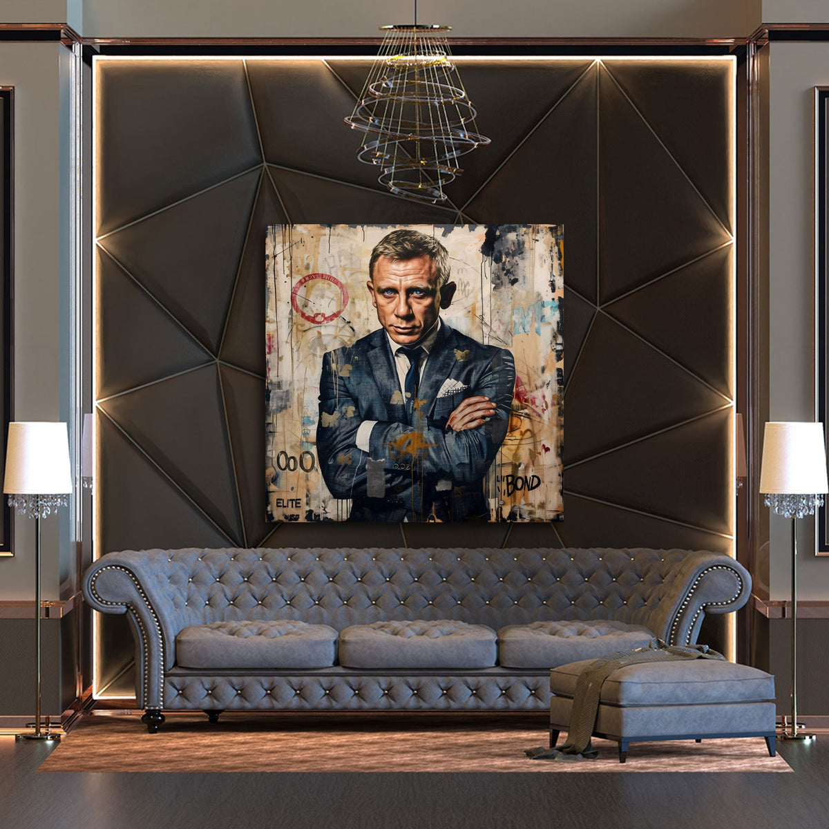Agente 007 a braccia conserte davanti a muro graffiti quadro