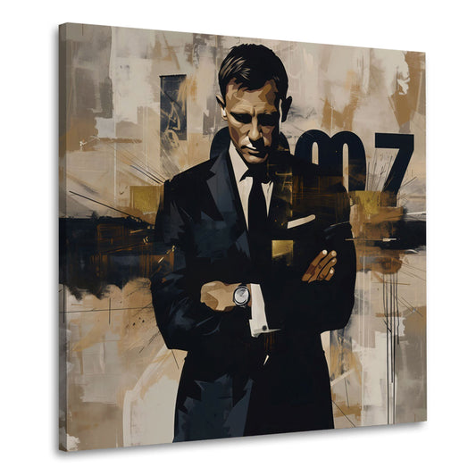 Agente 007 in abito elegante su sfondo astratto Pop Art quadro
