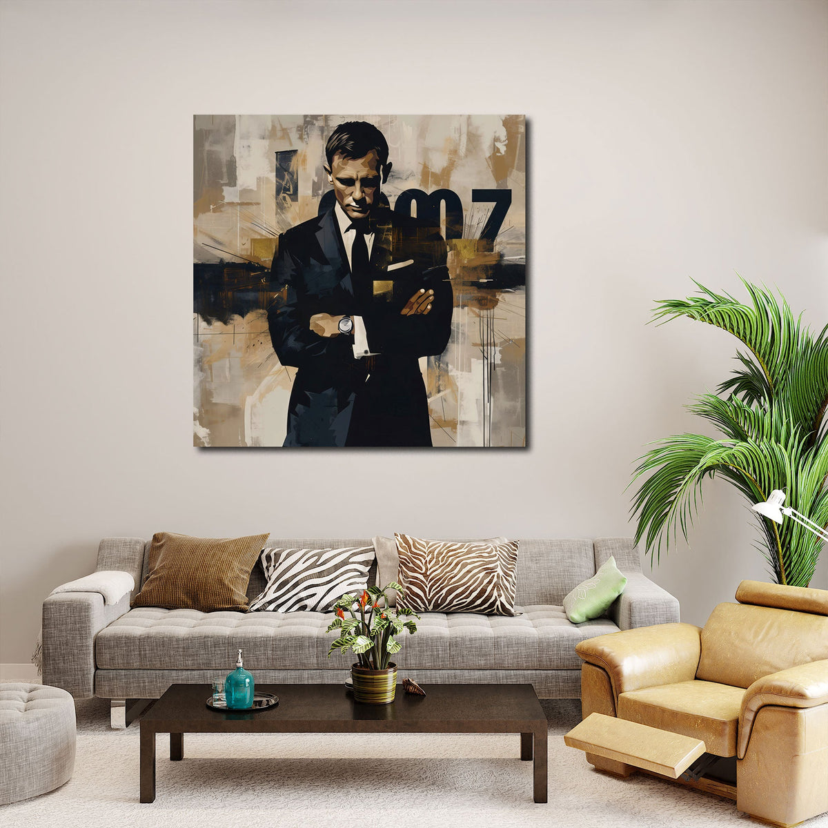 Agente 007 in abito elegante su sfondo astratto Pop Art quadro