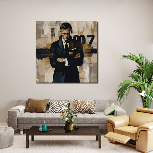 Agente 007 in abito elegante su sfondo astratto Pop Art quadro