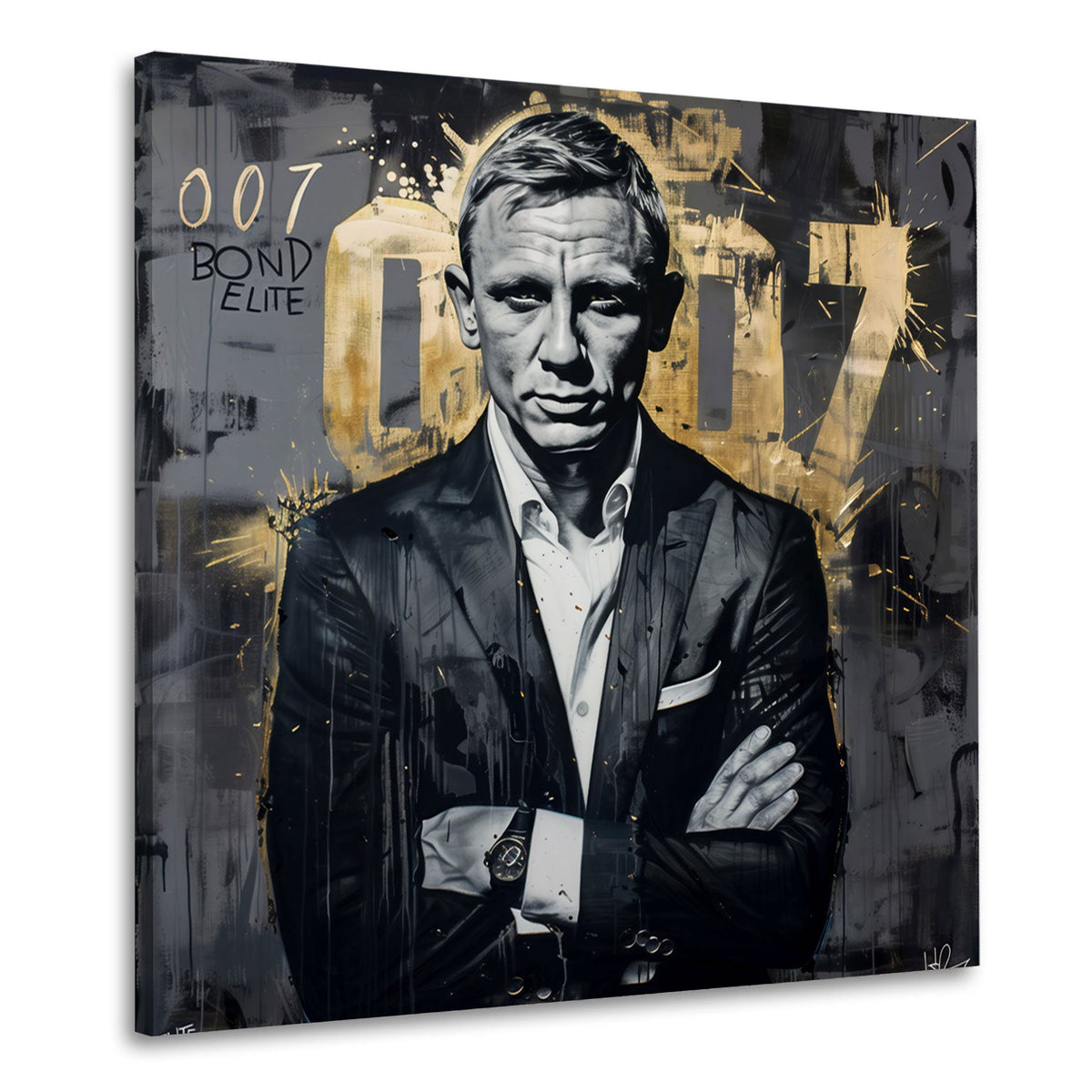 Agente 007 in abito nero con numeri dorati stile graffiti quadro