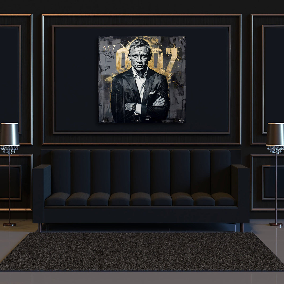 Agente 007 in abito nero con numeri dorati stile graffiti quadro