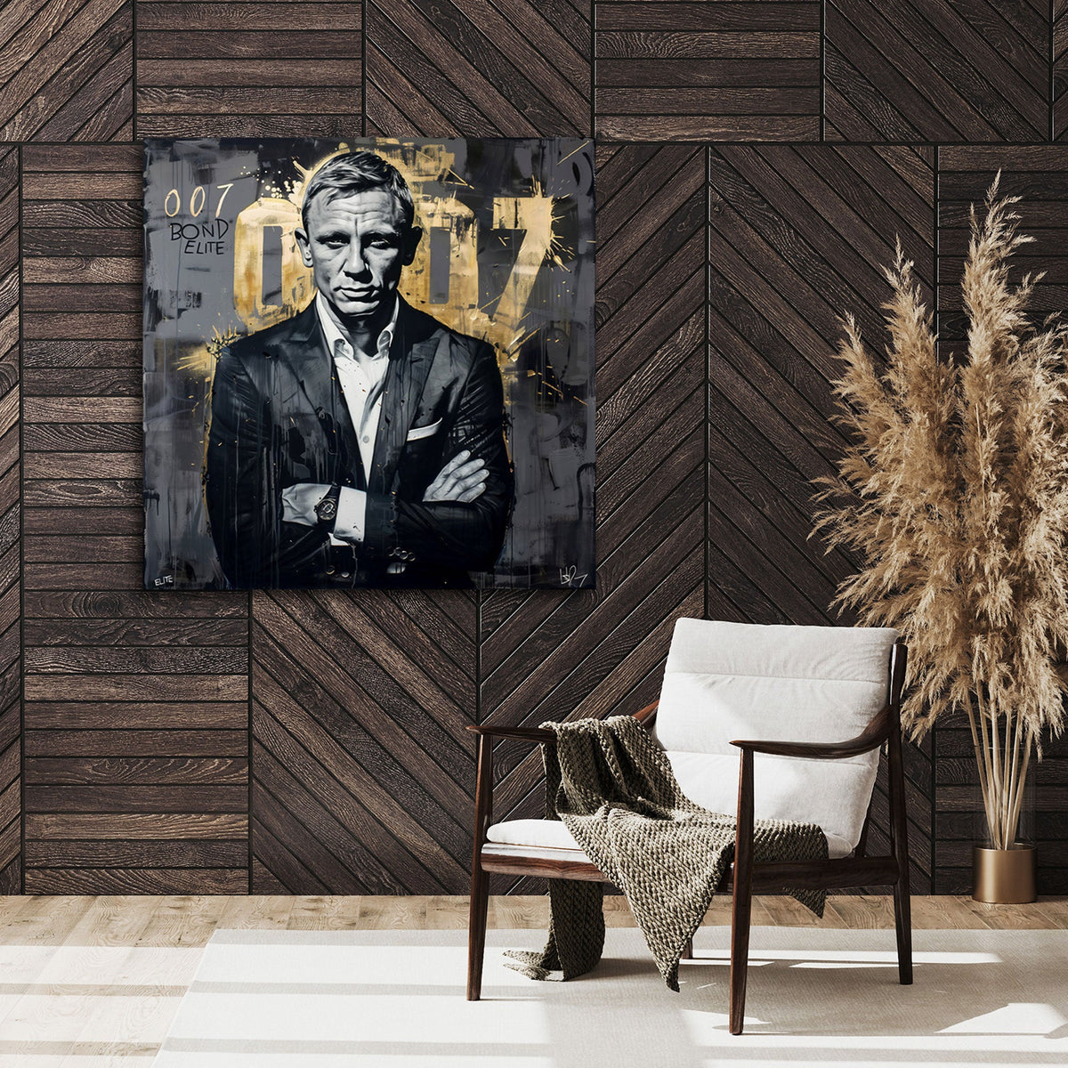 Agente 007 in abito nero con numeri dorati stile graffiti quadro
