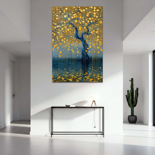 Albero blu cerchi dorati pioggia riflesso lago quadro